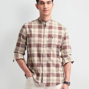 U.S. POLO ASSN. Denim Co. Men's Brown Checkered Band Collar Full Sleeve Casual Cotton Slim Fit Shirt